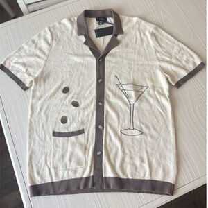 NEW Art of Rhetoric Mens Cabana Martini Glass Knit Button Down Shirt Cream XL